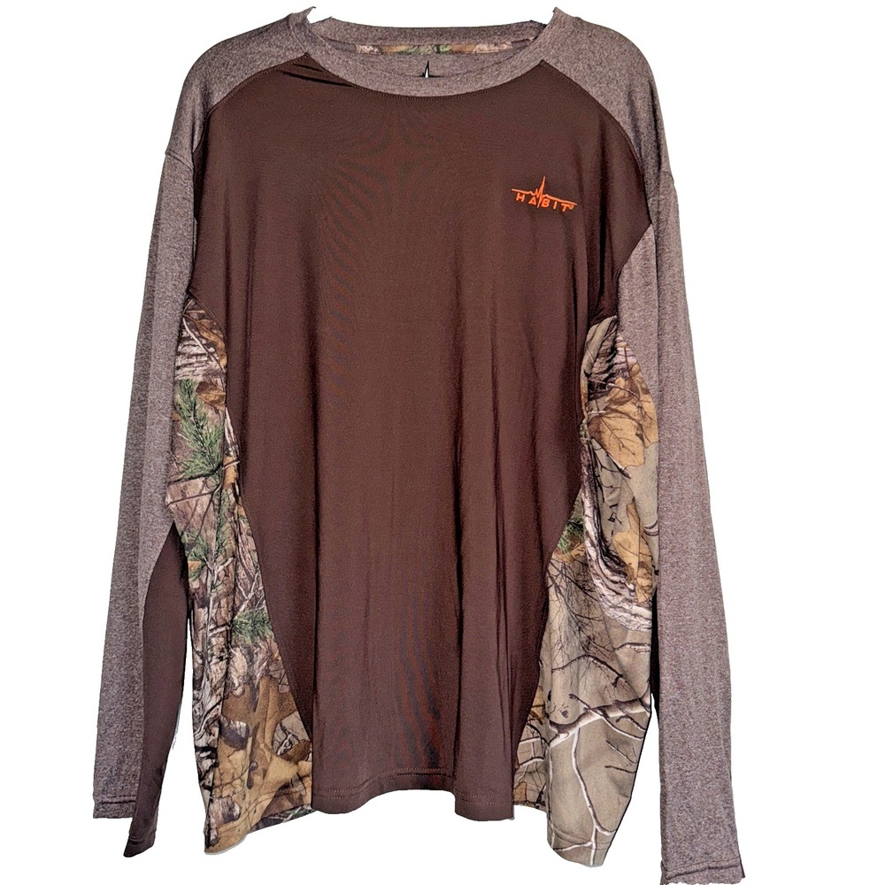 Habit Mens XL Long Sleeve Performance Shirt Brown‎ Grey Camo Hunting Hiking Top
